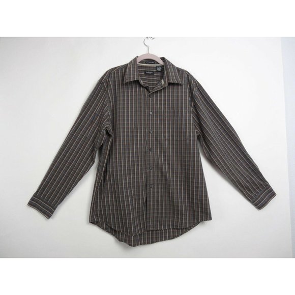 Van Heusen Dress Shirt Button Up Size Large 16 -16 1/2 Brown Plaid Long Sleeve - Picture 2 of 6